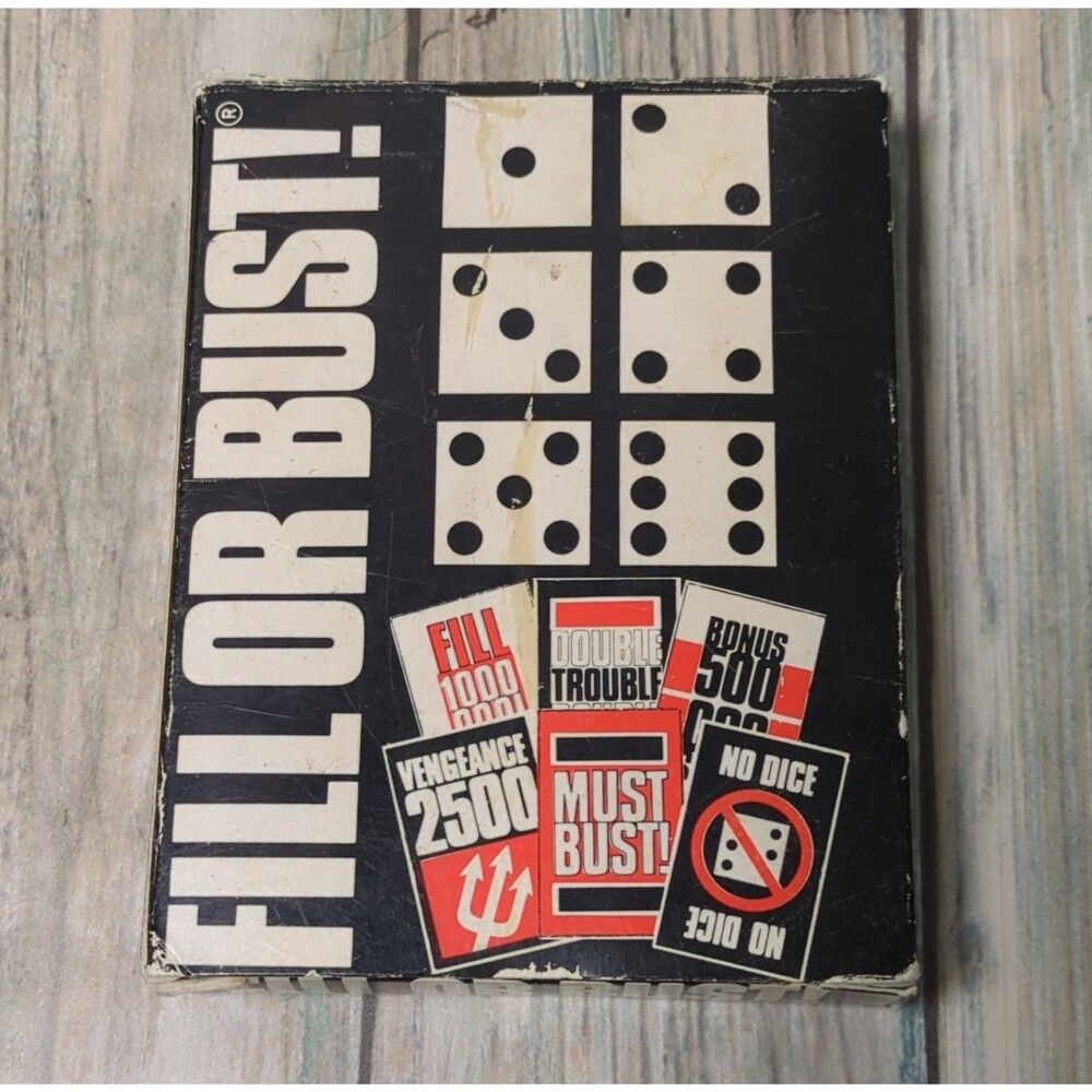 Vintage 1981 Fill Or Bust Card Dice Game Complete Deck Dice Instructions Box GUC